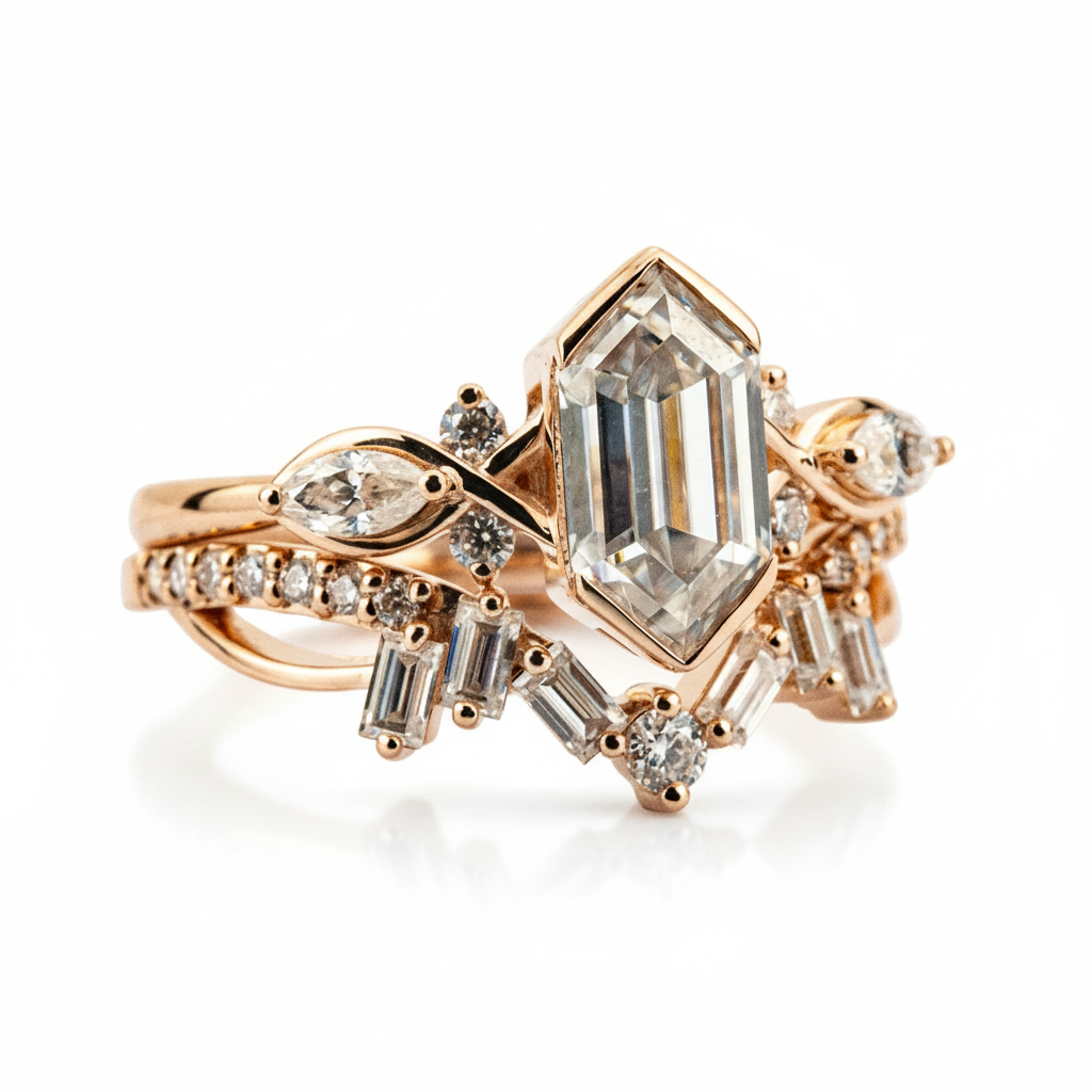 Product view of Long Hexagon Moissanite Ring Set in Gold
