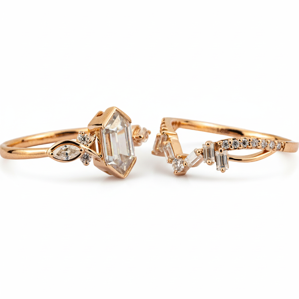 Product view of Long Hexagon Moissanite Ring Set in Gold