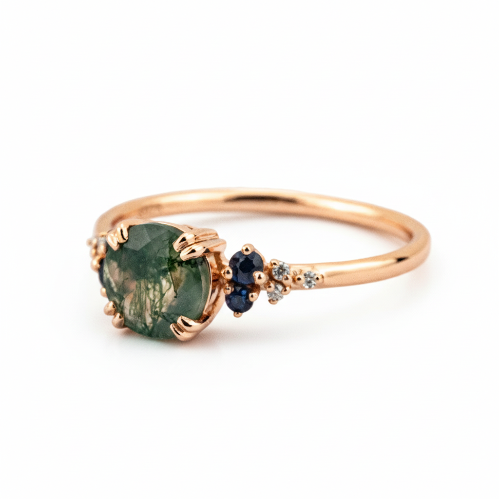 Product view of Round Moss Agate Ring in Gold