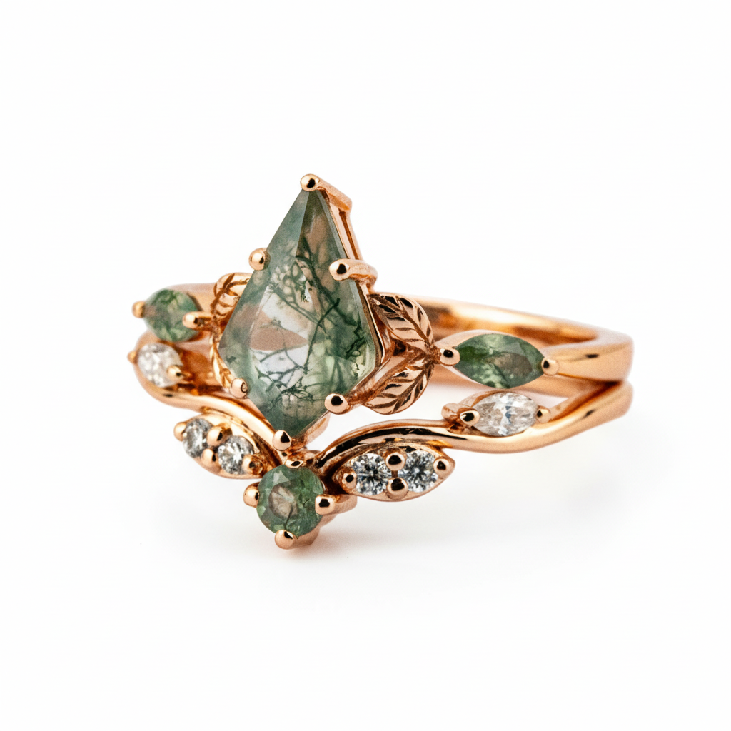 Product view of Kite Cut Moss Agate Ring Set in Gold