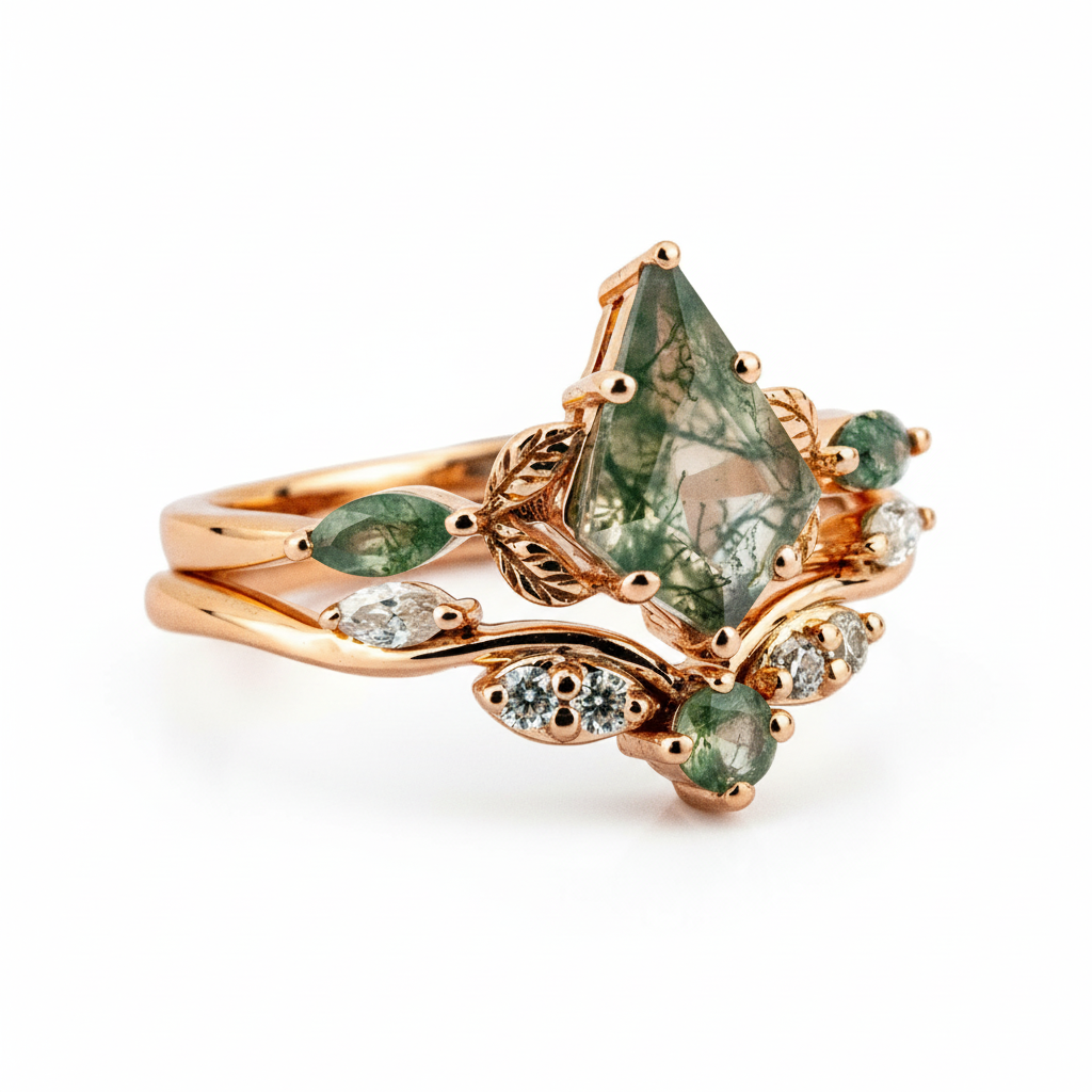 Product view of Kite Cut Moss Agate Ring Set in Gold