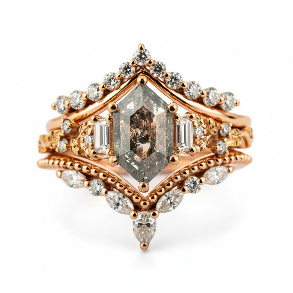 Luxurious Ring Set with Long Hexagon Salt and Pepper Diamond for Exquisite Taste