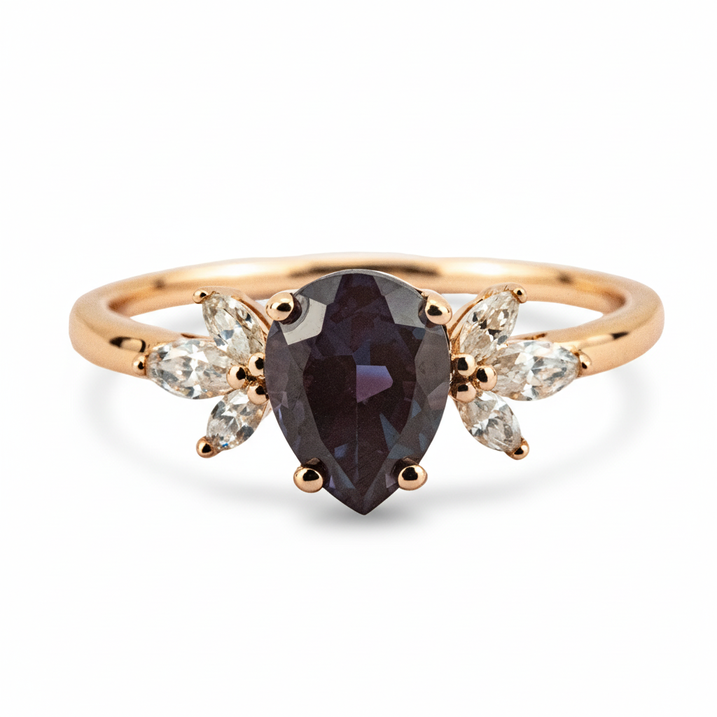 Elegant pear cut Alexandrite ring, the ultimate symbol of love and commitment.