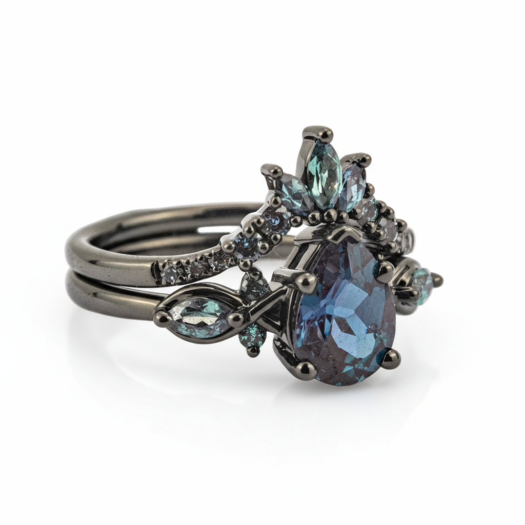 Product view of Pear Alexandrite Ring Set in Black Gold