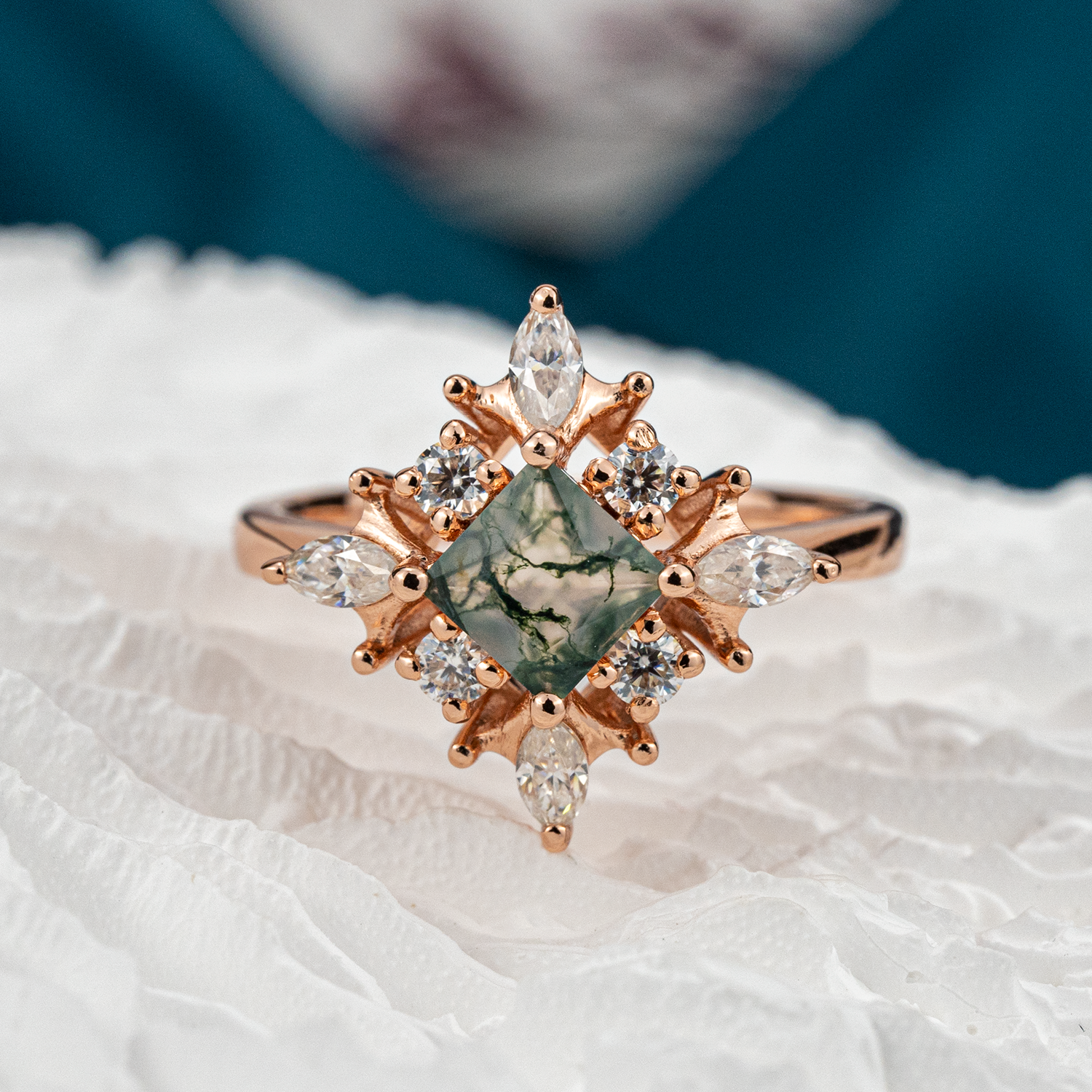 Princess Moss Agate Gold Engagement Ring With Moissanite.