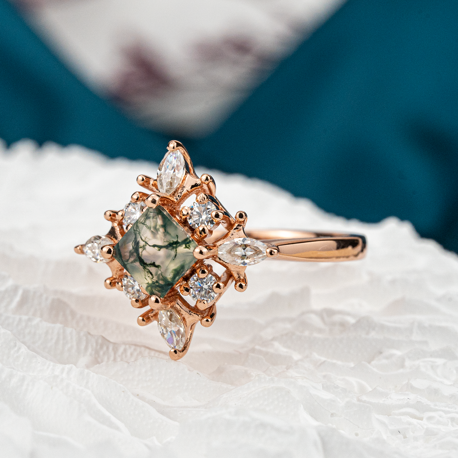 Princess Moss Agate Gold Engagement Ring With Moissanite.