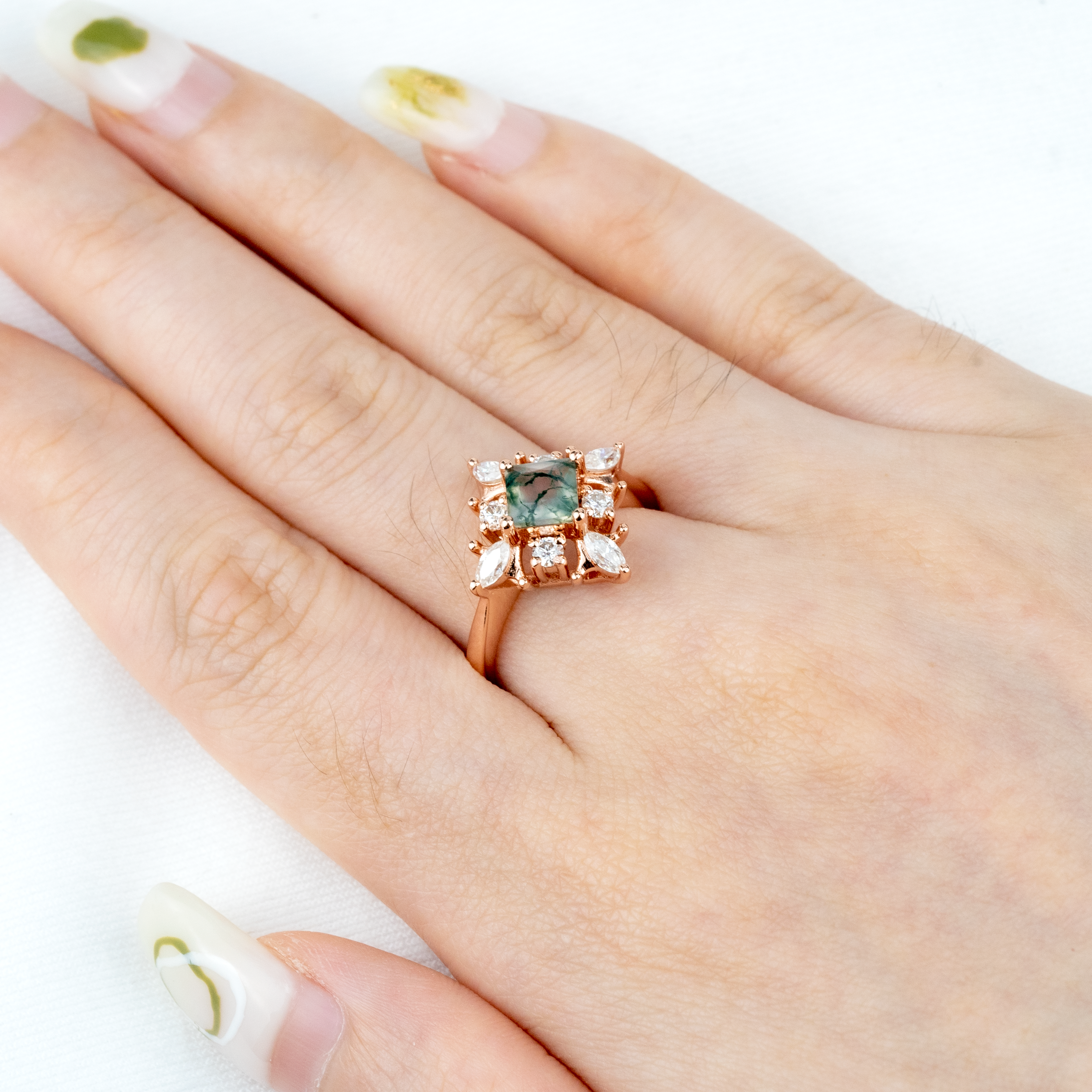 Princess Moss Agate Gold Engagement Ring With Moissanite.