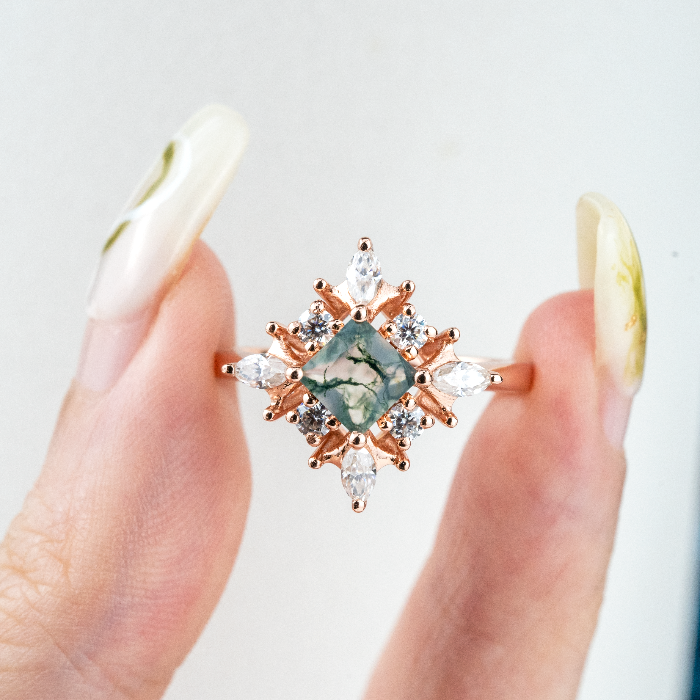 Princess Moss Agate Gold Engagement Ring With Moissanite.