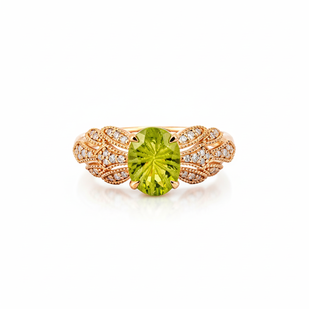 AETHER - Fireworks Cut Oval Peridot Rose Gold Moissanite Ring Green Gems Ring