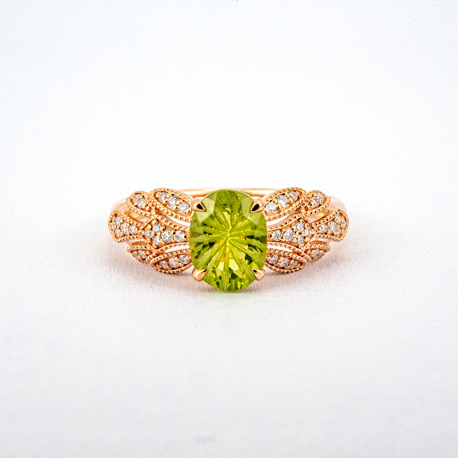 AETHER - Fireworks Cut Oval Peridot Rose Gold Moissanite Ring Green Gems Ring