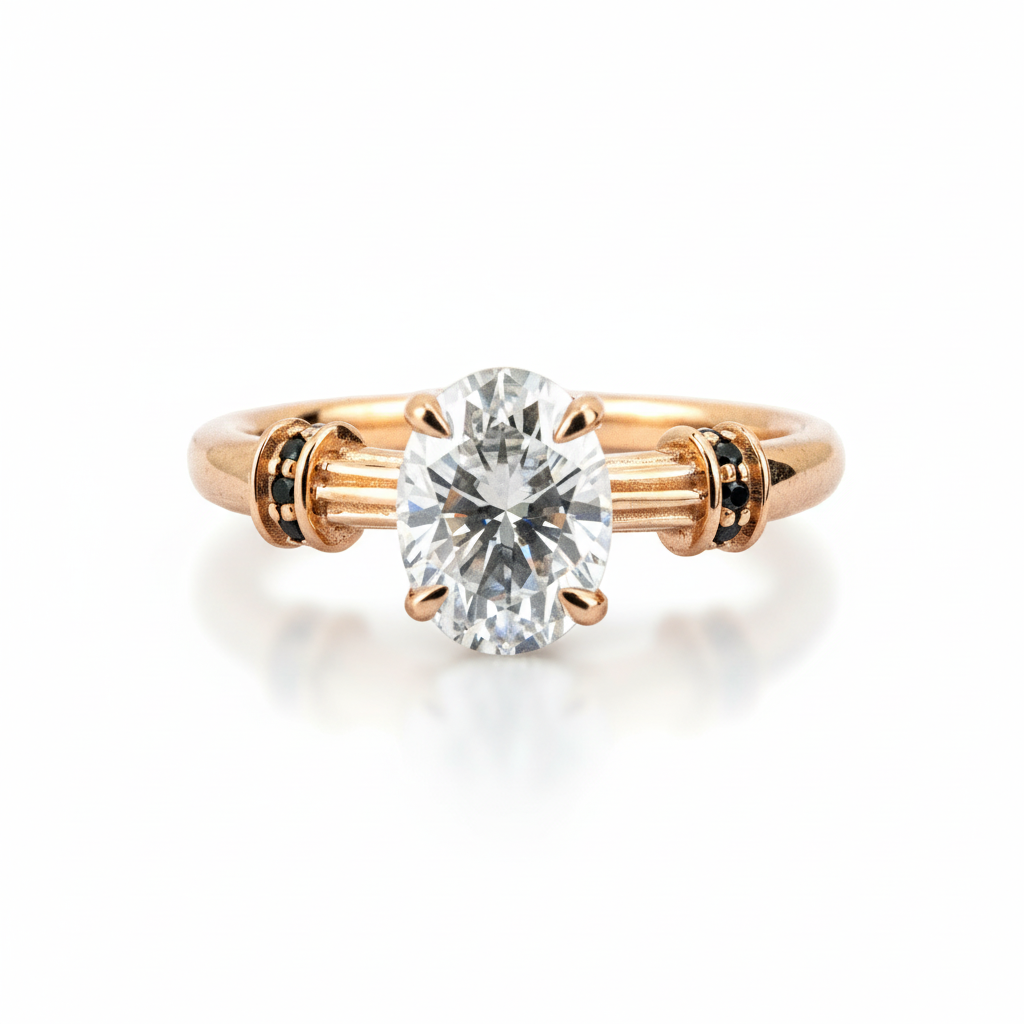 LUMINA - Oval Moissanite and Black Onyx Rose Gold Ring Classic Engagement Ring
