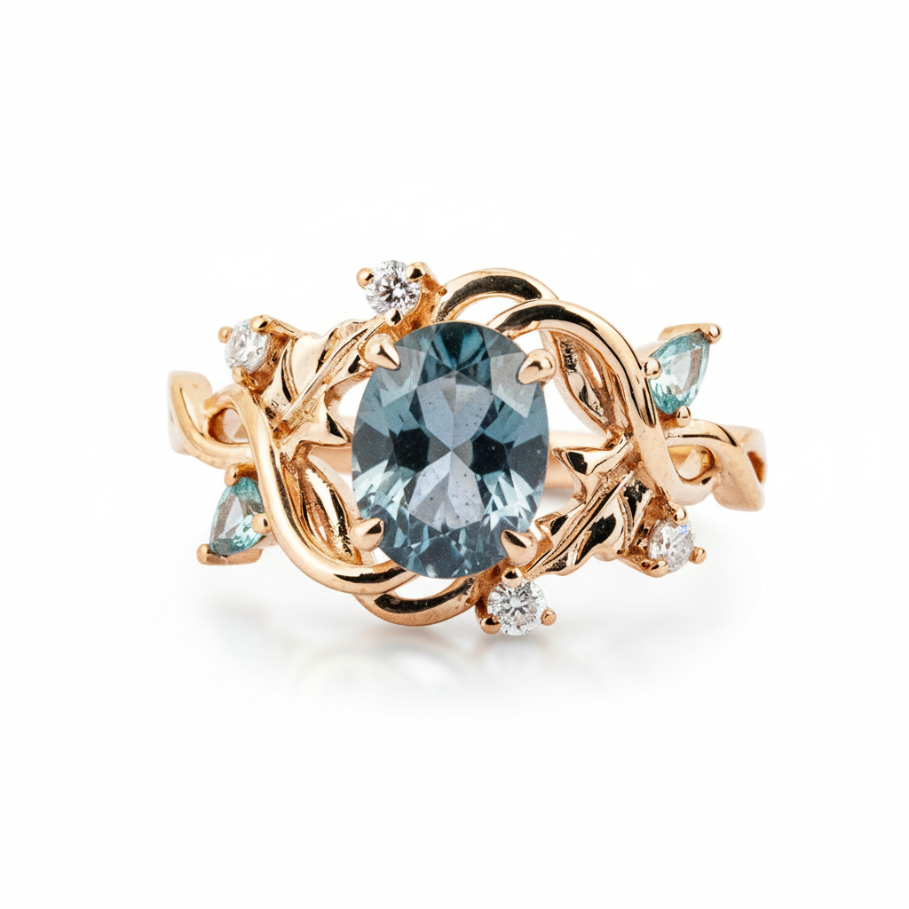 ELEVA - Oval Lab Alexandrite Rose Gold Leaf Ring Floral Fireworks Cut Nature Ring