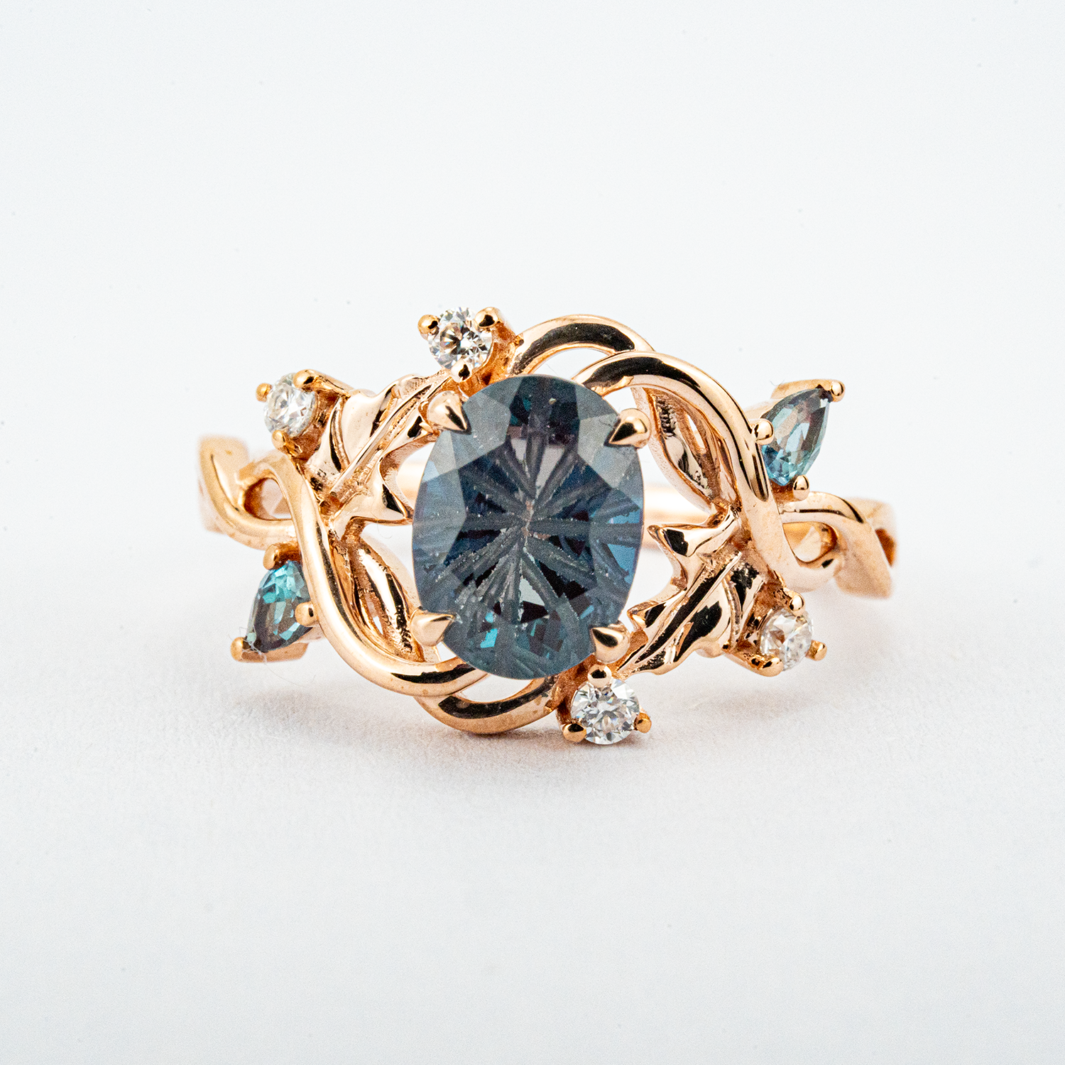 ELEVA - Oval Lab Alexandrite Rose Gold Leaf Ring Floral Fireworks Cut Nature Ring