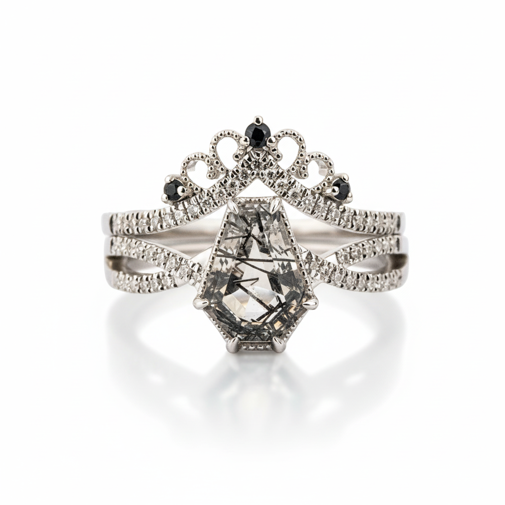 LUMINA - Black Rutilated Quartz White Gold Ring Set Luxury White Gold Ring Wedding