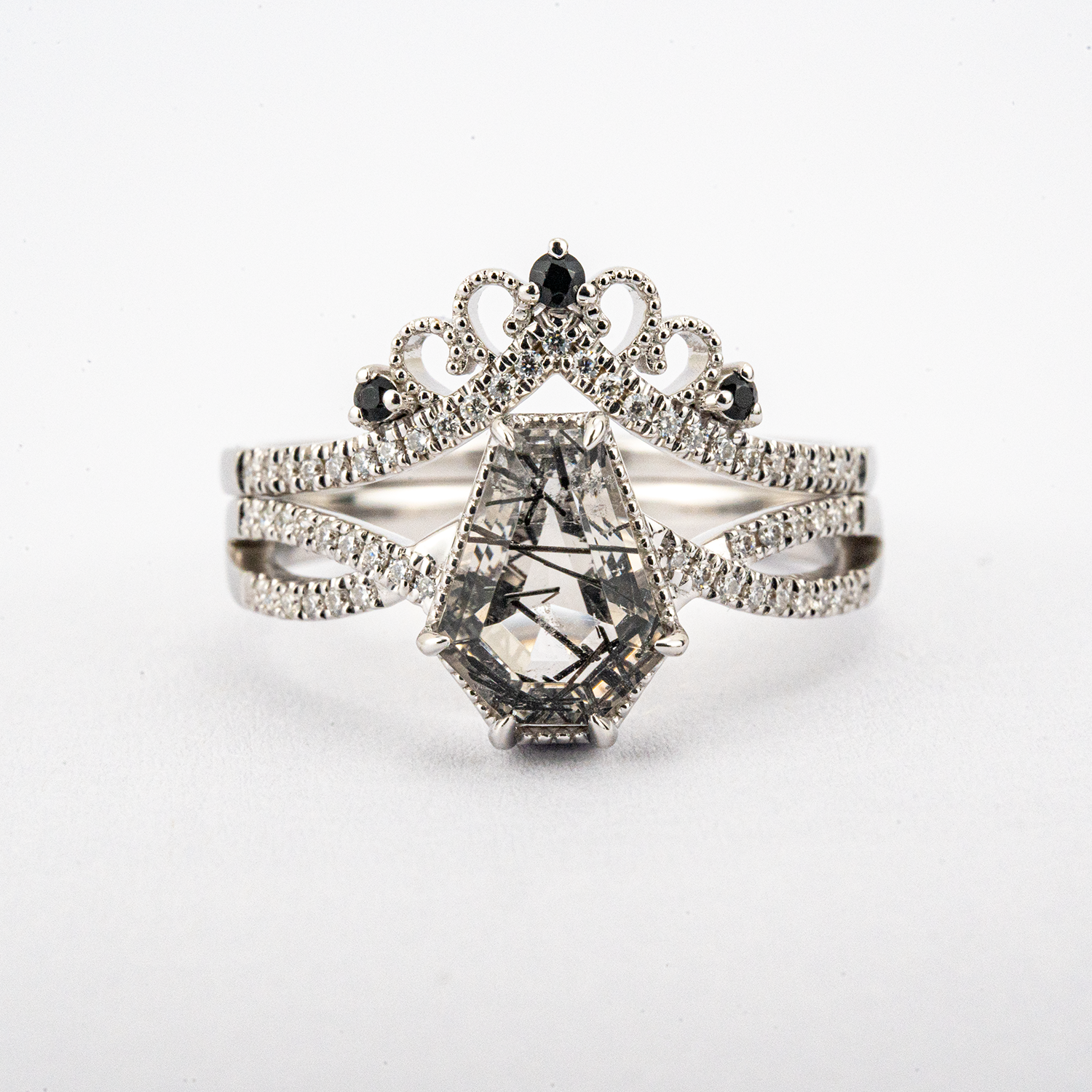 LUMINA - Black Rutilated Quartz White Gold Ring Set Luxury White Gold Ring Wedding