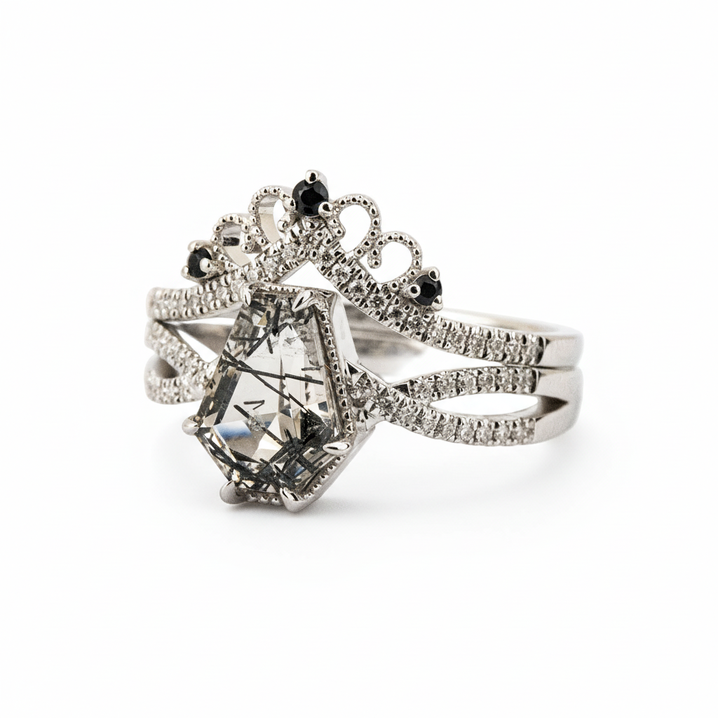 Product view of Black Rutilated Quartz Ring Set in White Gold