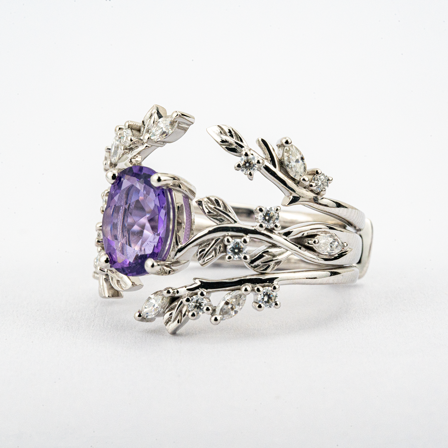 PETALIS - Oval Amethyst & Moissanite Leaf White Gold Ring Set Floral Engagement Ring