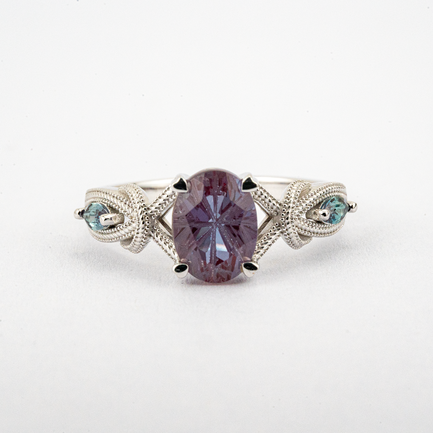 LUMINA - Oval Lab Alexandrite White Gold Textured Ring Unusual Engagement Ring