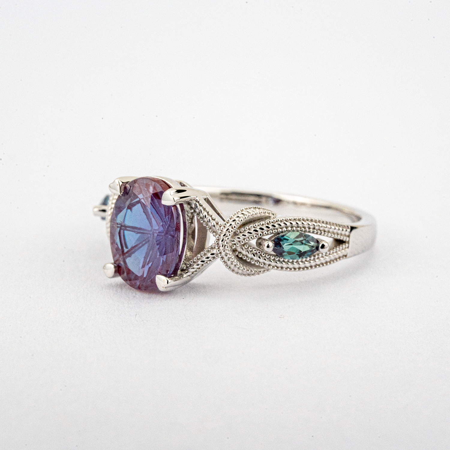 LUMINA - Oval Lab Alexandrite White Gold Textured Ring Unusual Engagement Ring