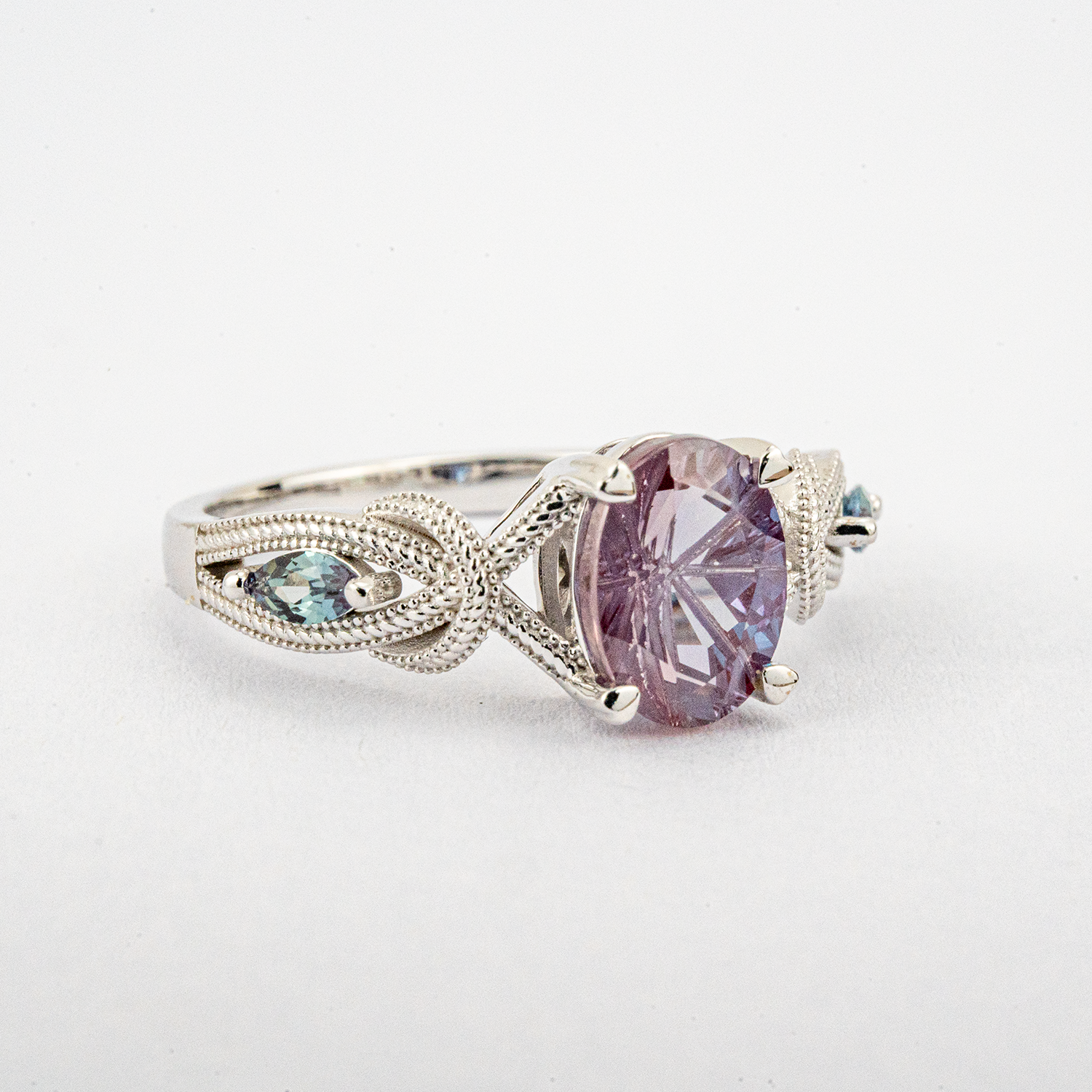 LUMINA - Oval Lab Alexandrite White Gold Textured Ring Unusual Engagement Ring