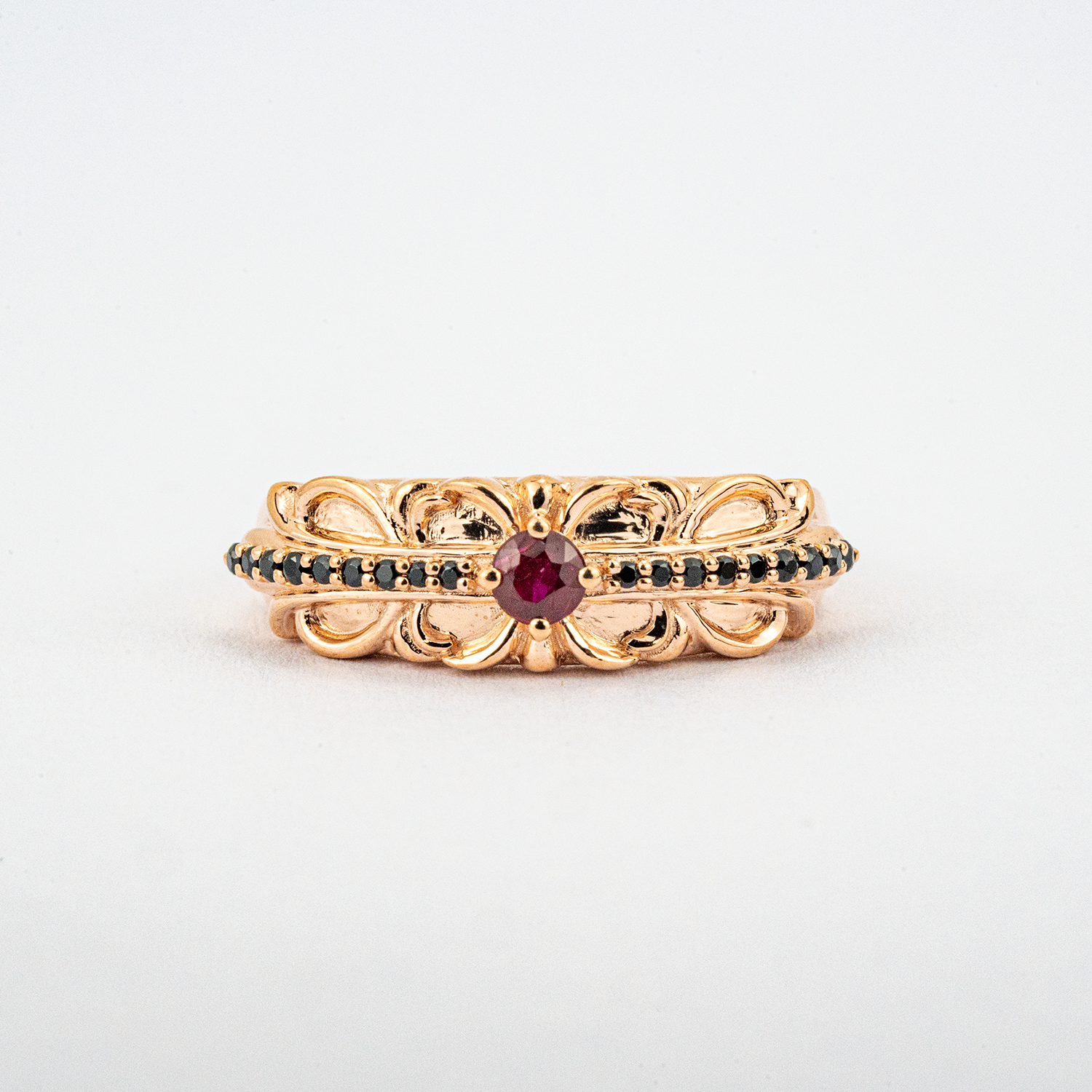ELEVA - Vintage Round Garnet Rose Gold Engagement Band Handmade Gold Ring