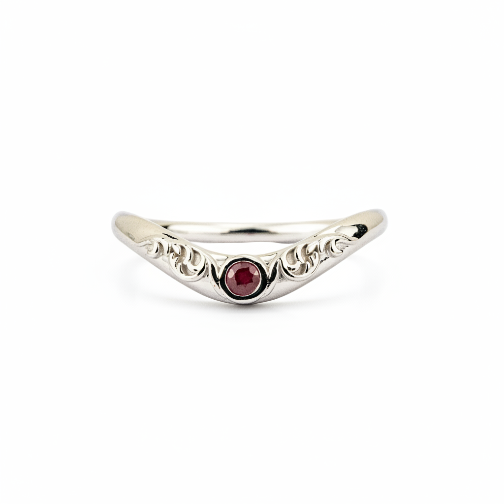 LUMINA - Round Garnet White Gold Ring Set White Gold Wedding Ring For Her Patterned Ring
