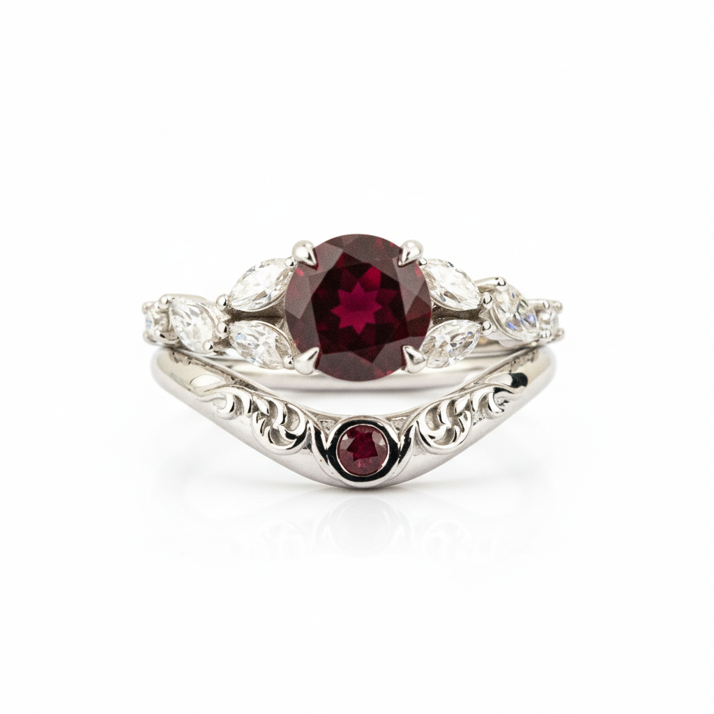 LUMINA - Round Garnet White Gold Ring Set White Gold Wedding Ring For Her Patterned Ring