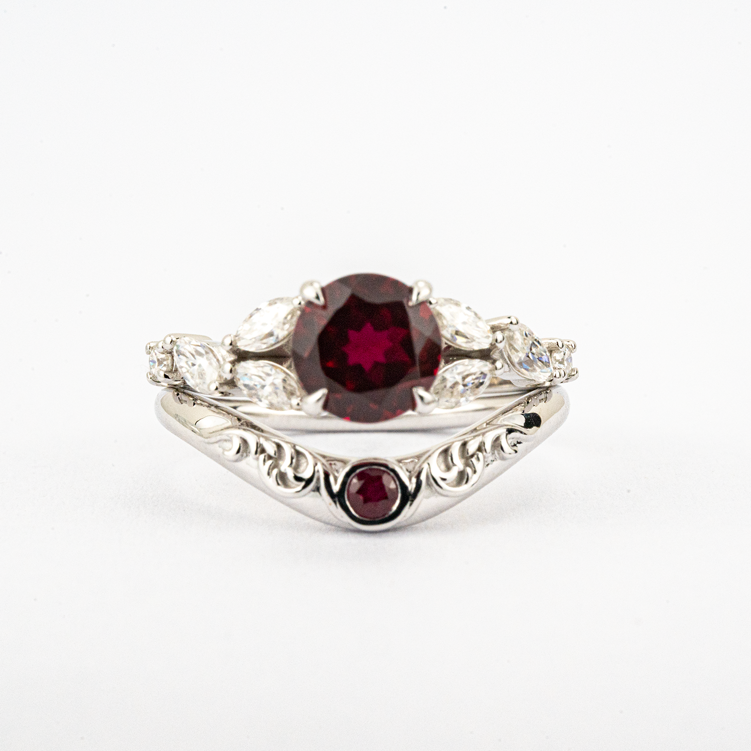 LUMINA - Round Garnet White Gold Ring Set White Gold Wedding Ring For Her Patterned Ring