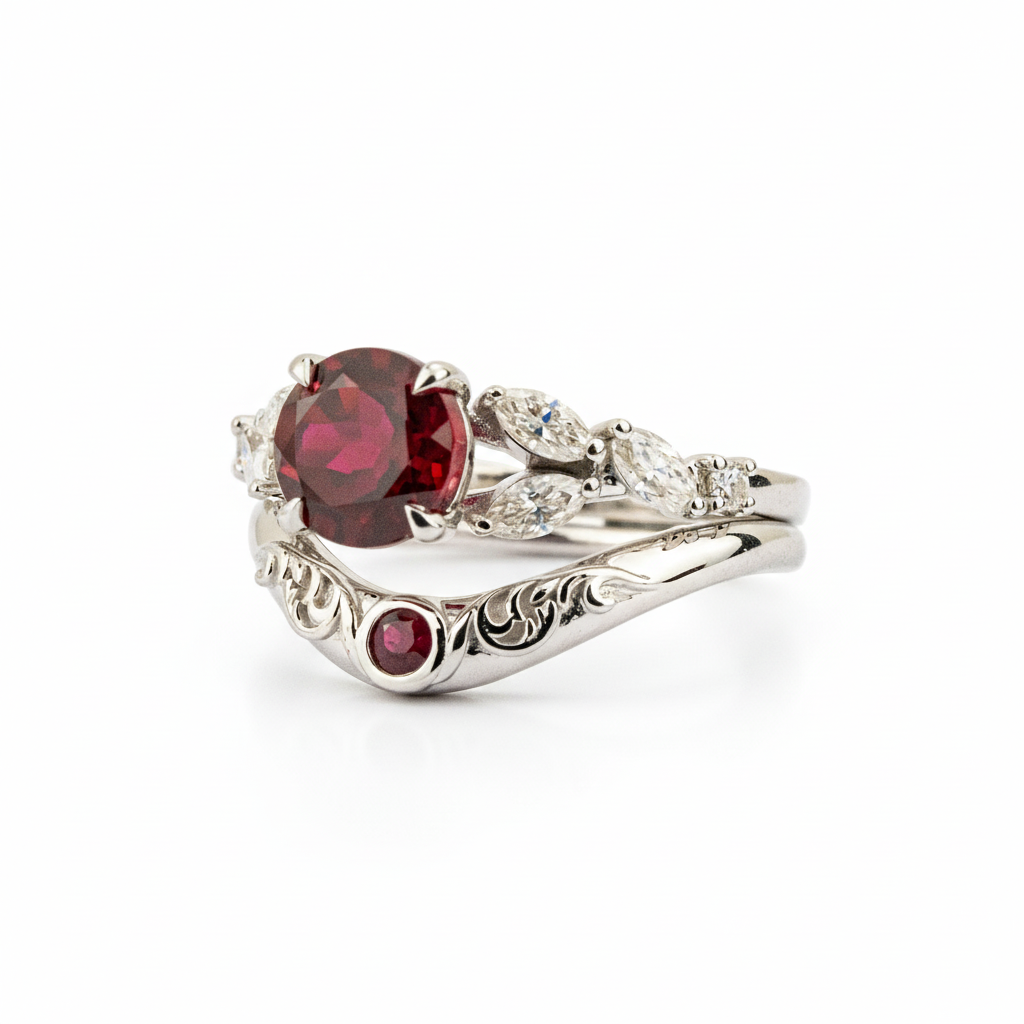 LUMINA - Round Garnet White Gold Ring Set White Gold Wedding Ring For Her Patterned Ring