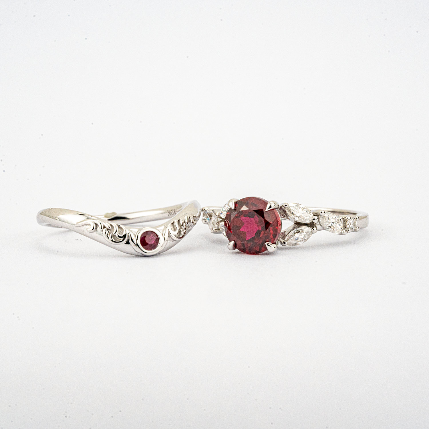 LUMINA - Round Garnet White Gold Ring Set White Gold Wedding Ring For Her Patterned Ring