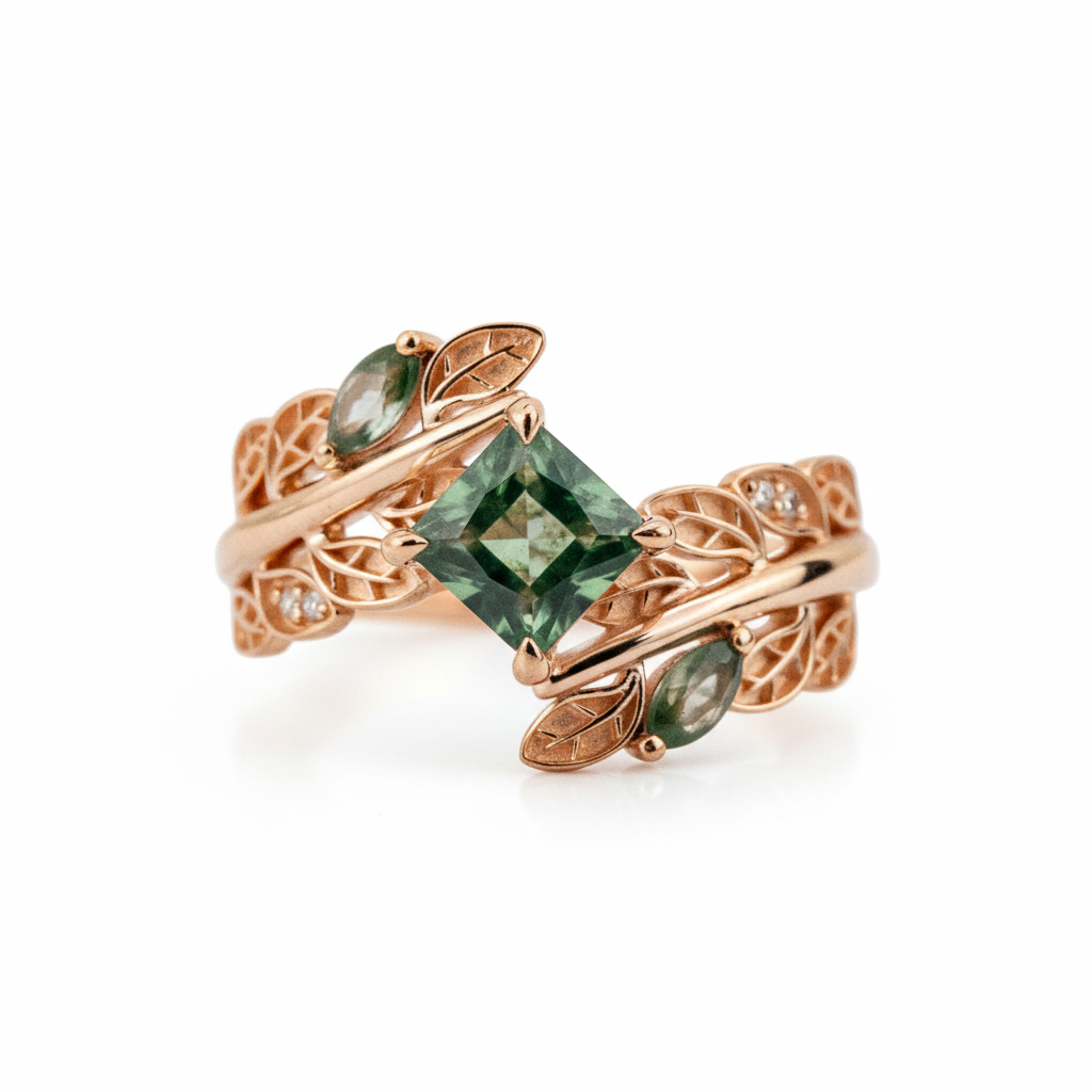 PETALIS - Princess Moss Agate Wedding Rose Gold Leaf Ring Floral Engagement Ring