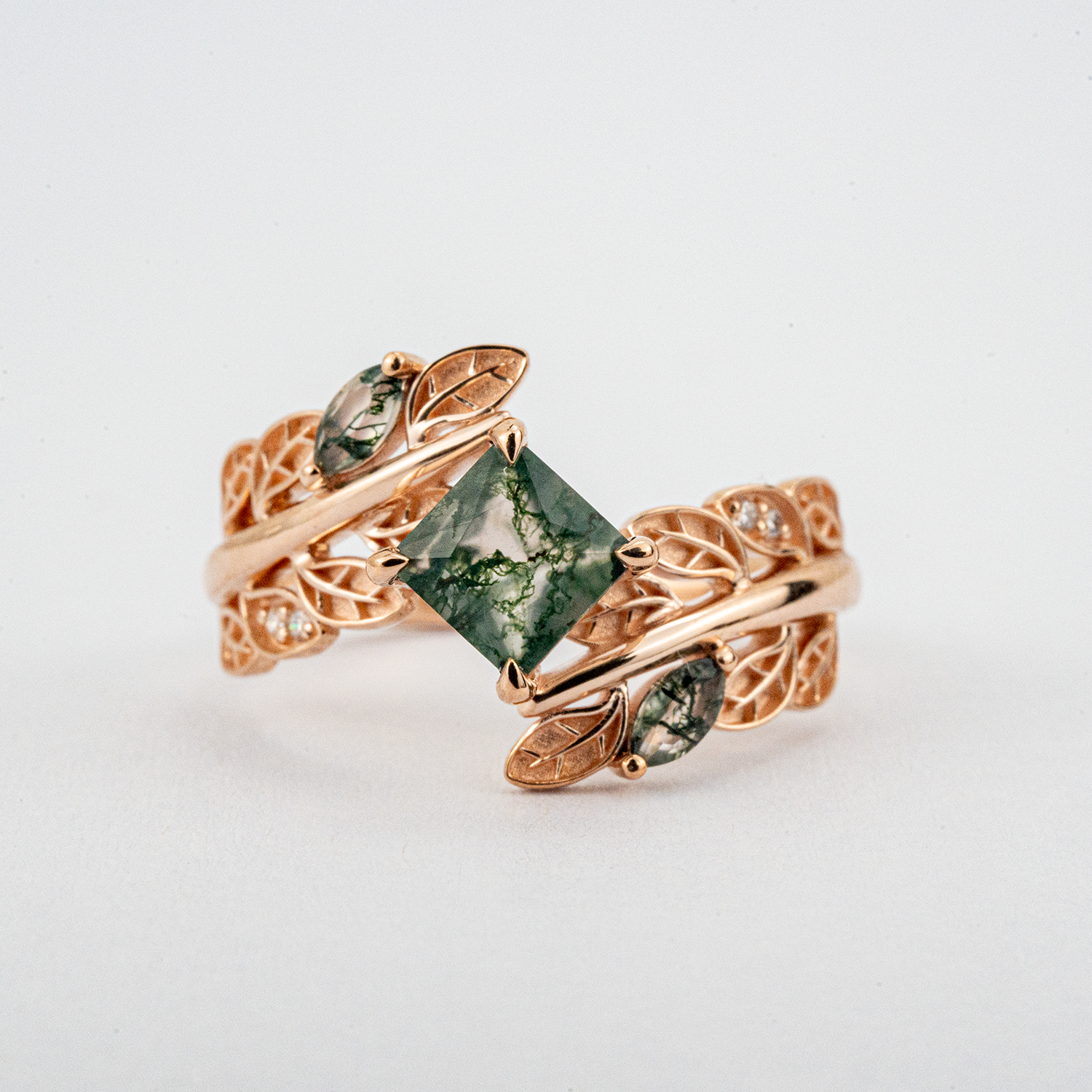 PETALIS - Princess Moss Agate Wedding Rose Gold Leaf Ring Floral Engagement Ring