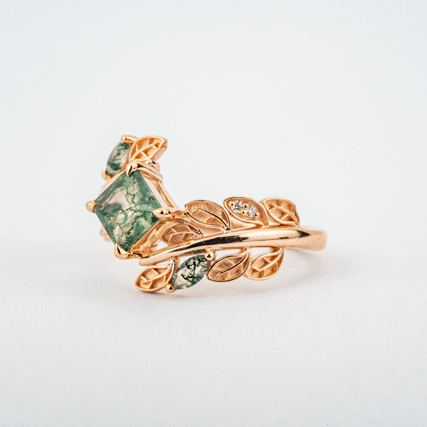 PETALIS - Princess Moss Agate Wedding Rose Gold Leaf Ring Floral Engagement Ring