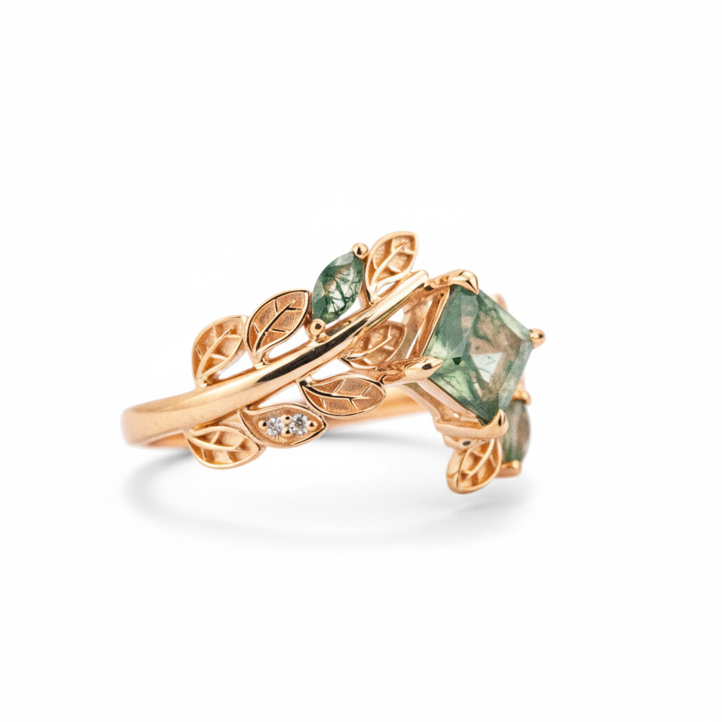 PETALIS - Princess Moss Agate Wedding Rose Gold Leaf Ring Floral Engagement Ring