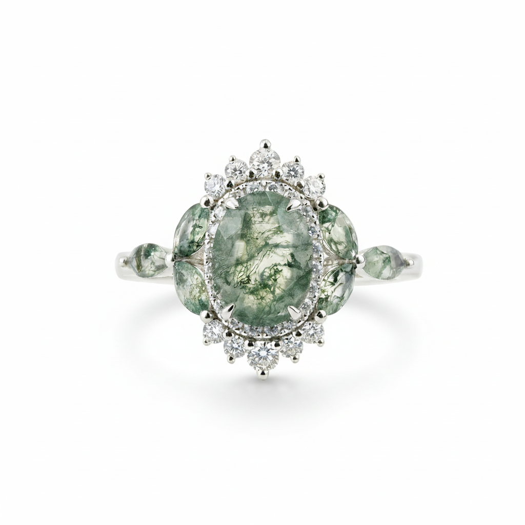 PETALIS - Oval Moss Agate & Moissanite White Gold Ring Floral White Gold Ring