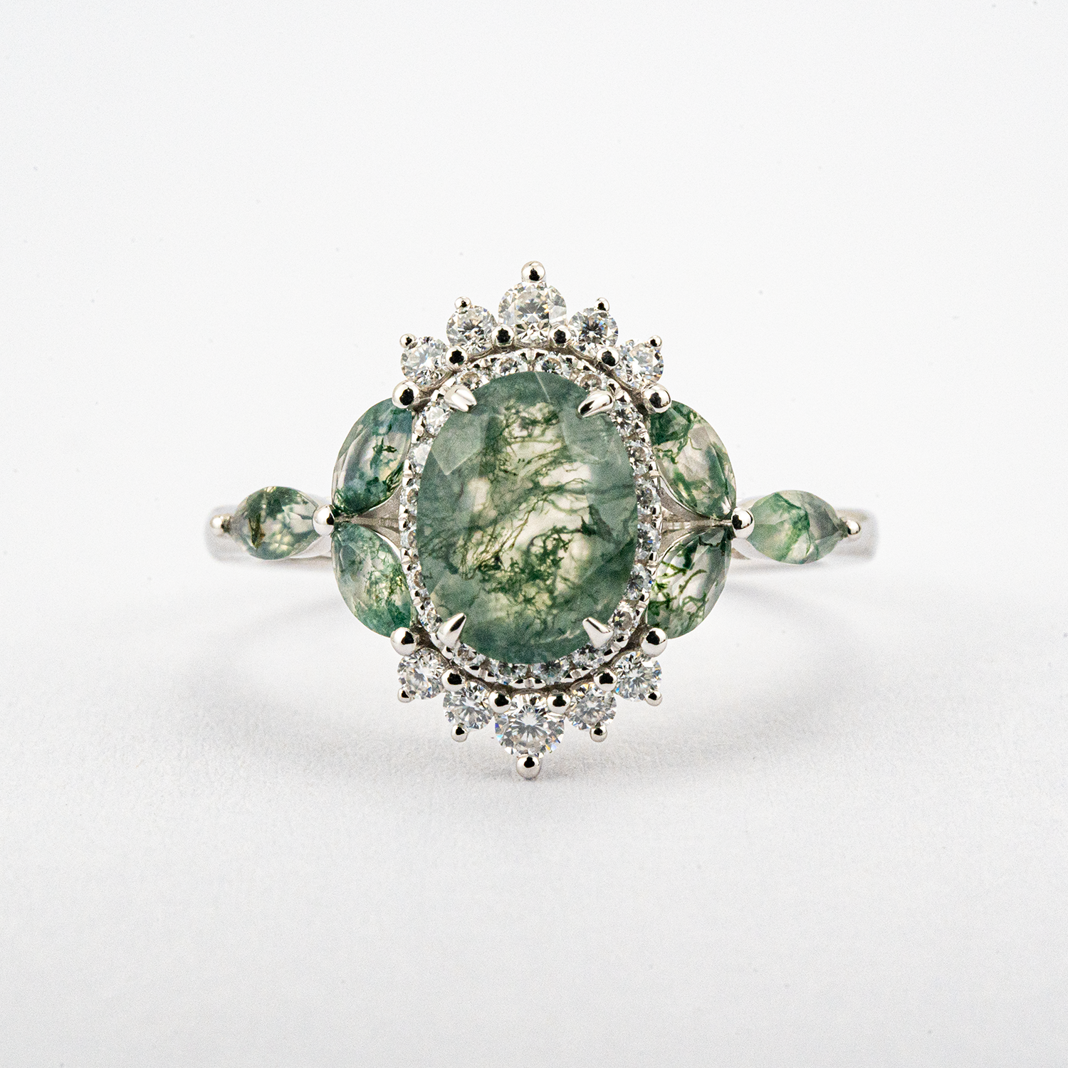 PETALIS - Oval Moss Agate & Moissanite White Gold Ring Floral White Gold Ring 