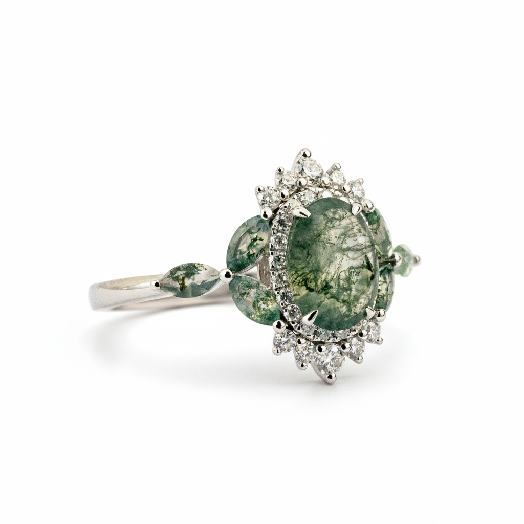 Product view of Oval Moss Agate Ring in White Gold