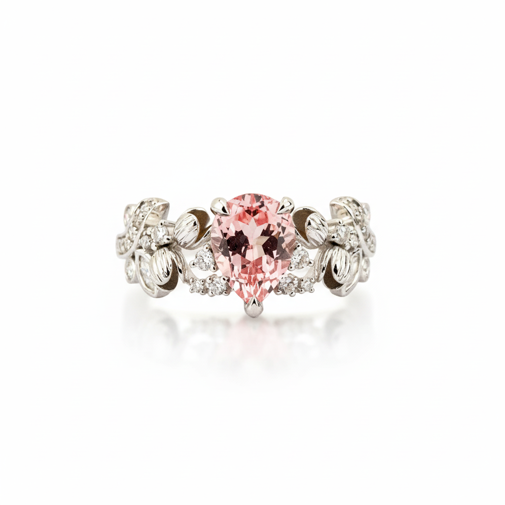 LUMINA - Pear-Shaped Padparadscha Leaf White Gold Ring with Nature-Inspired Design