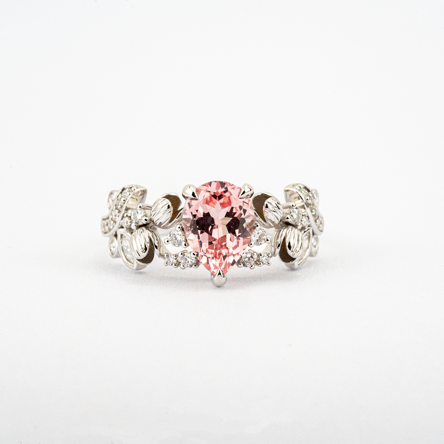 LUMINA - Pear-Shaped Padparadscha Leaf White Gold Ring with Nature-Inspired Design