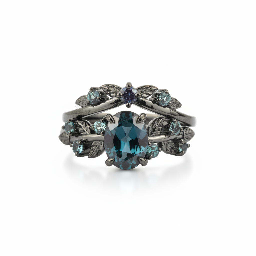 ELEVA - Oval Cultivated Alexandrite Black Gold Leaf Ring Set Black Gold Engagement