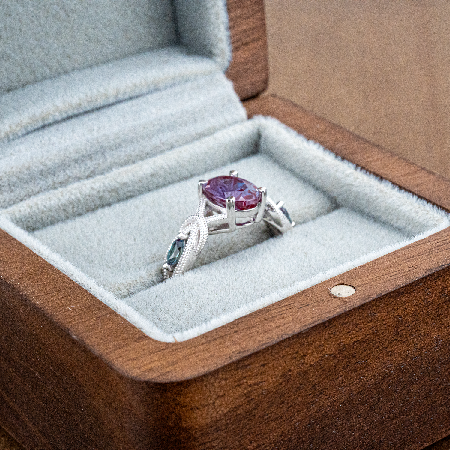 LUMINA - Oval Lab Alexandrite White Gold Textured Ring Unusual Engagement Ring