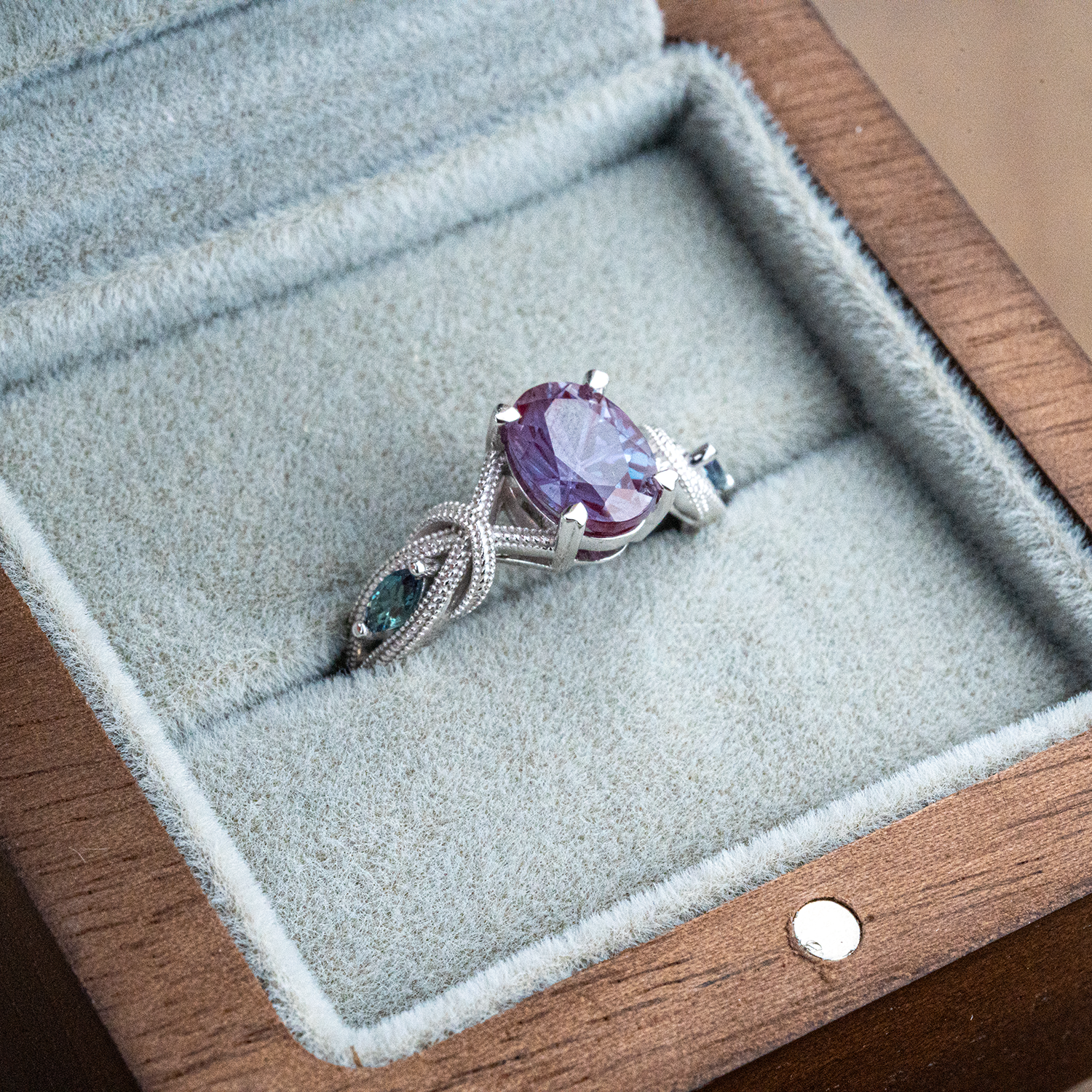 LUMINA - Oval Lab Alexandrite White Gold Textured Ring Unusual Engagement Ring