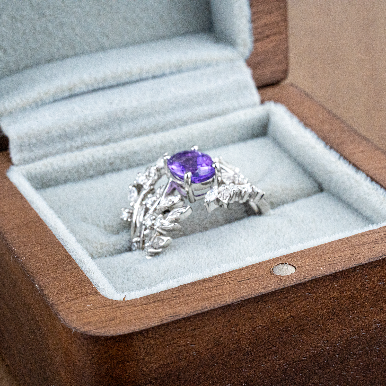 PETALIS - Oval Amethyst & Moissanite Leaf White Gold Ring Set Floral Engagement Ring