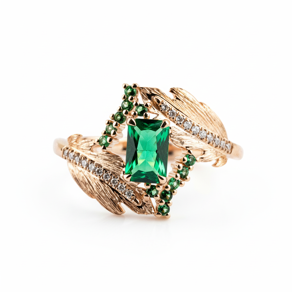 Luxurious Cultivated Emerald Leaf Textured Rose Gold Engagement Ring floral Ring