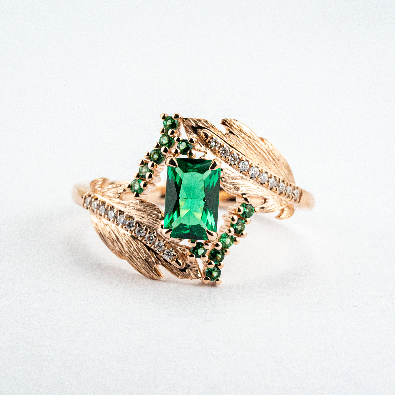 Luxurious Cultivated Emerald Leaf Textured Rose Gold Engagement Ring floral Ring