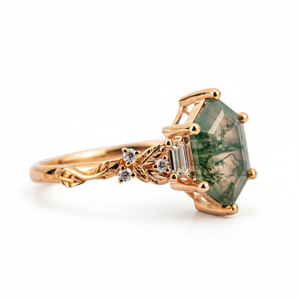 Product view of Long Hexagon Moss Agate Engagement Ring in Gold