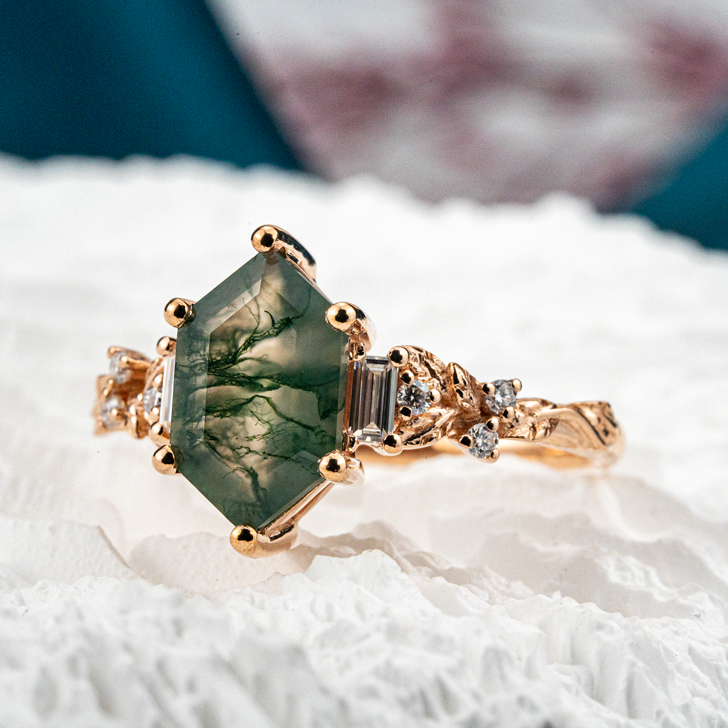 Hexagon Cut Moss Agate Engagement Ring Leaf Engagement Ring Vintage Match Ring