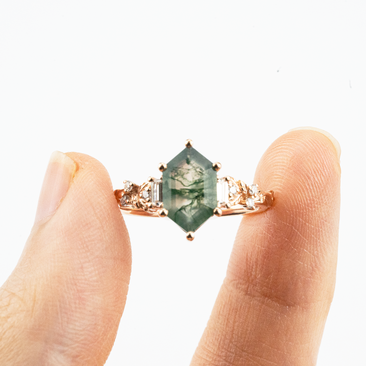 Hexagon Cut Moss Agate Engagement Ring Leaf Engagement Ring Vintage Match Ring