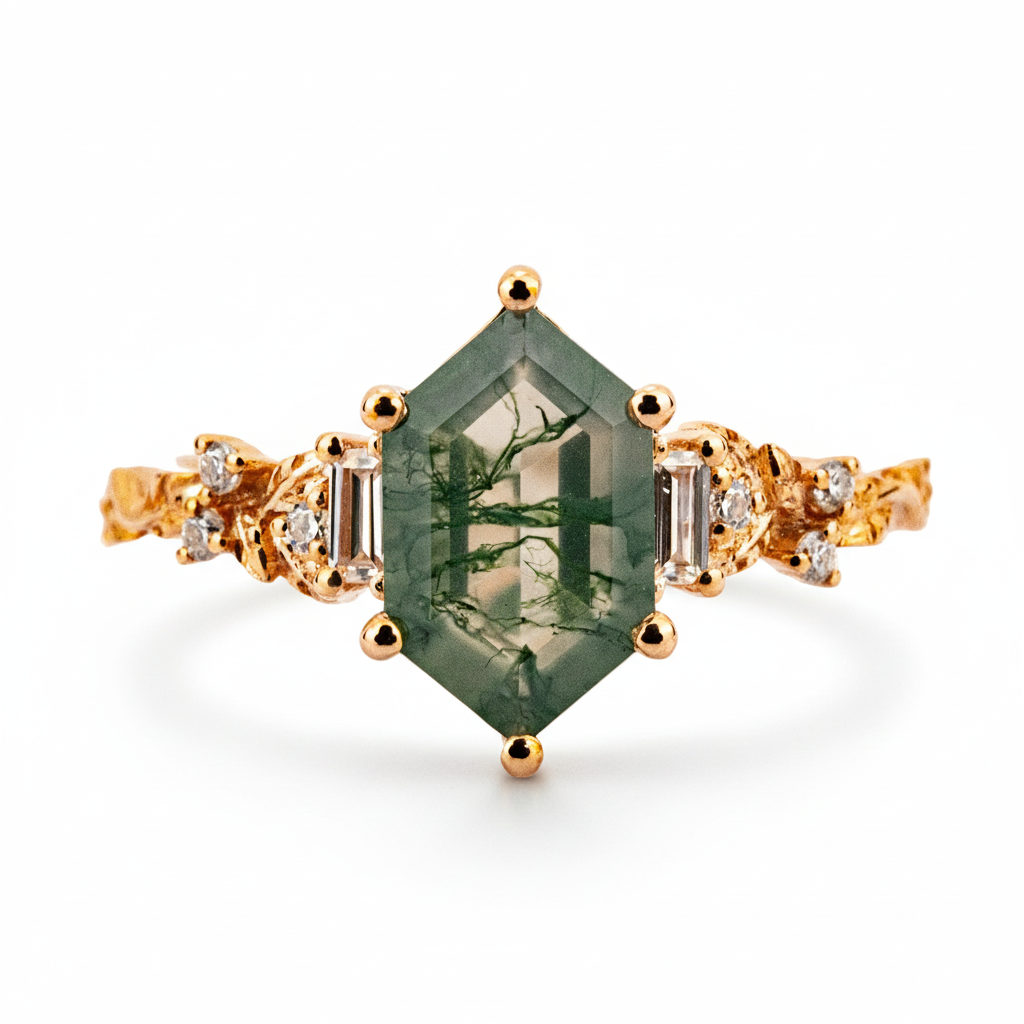 Front view of Long Hexagon Moss Agate Engagement Ring in Gold