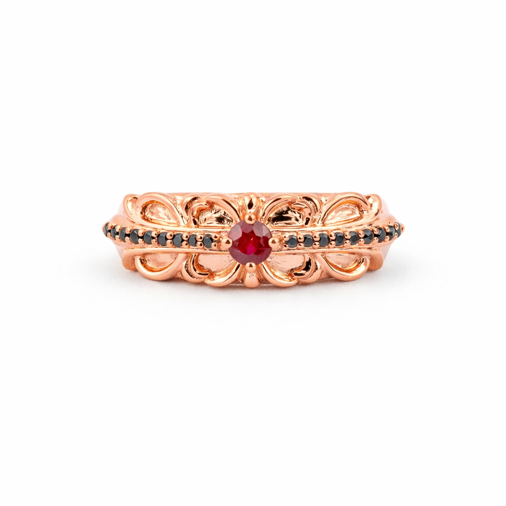 Product view of Round Garnet Wedding Band in Rose Gold
